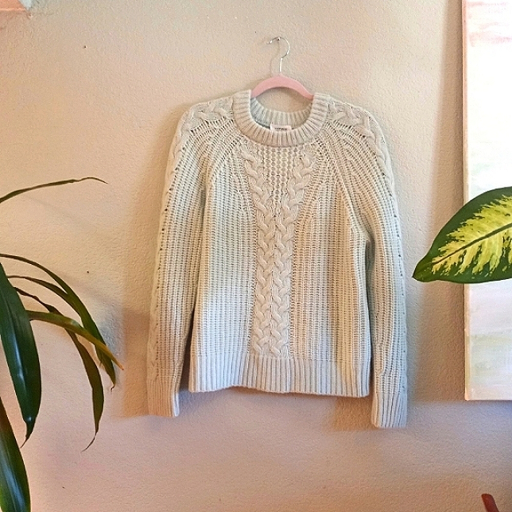 Haven Cashmere Classic Cable Knit Pastel Blue Green Quiet Luxury Sweater M